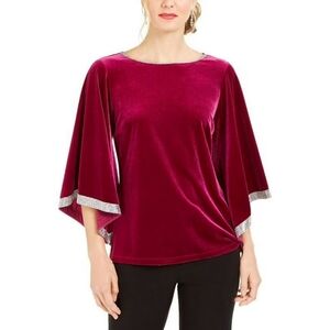 MSK Women's Burgundy Bell Sleeve Velvet Top with Rhinestones